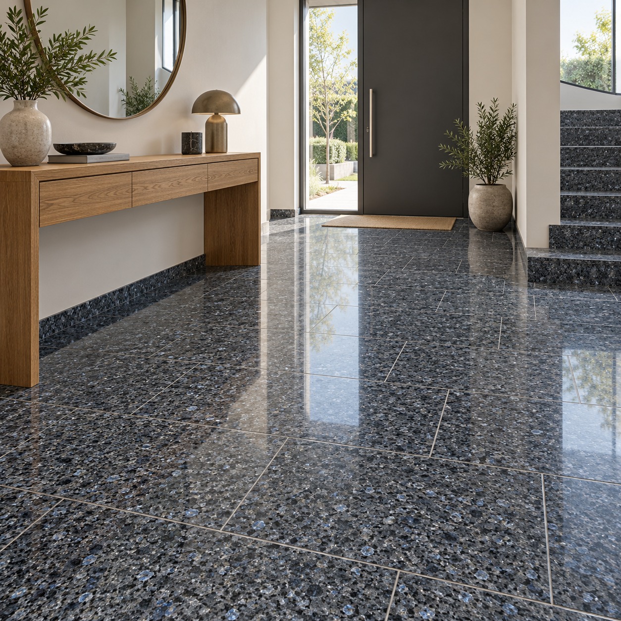 Moderner Eingangsbereich mit poliertem Blue-Pearl-Granitboden in Blau-Grau und Silber