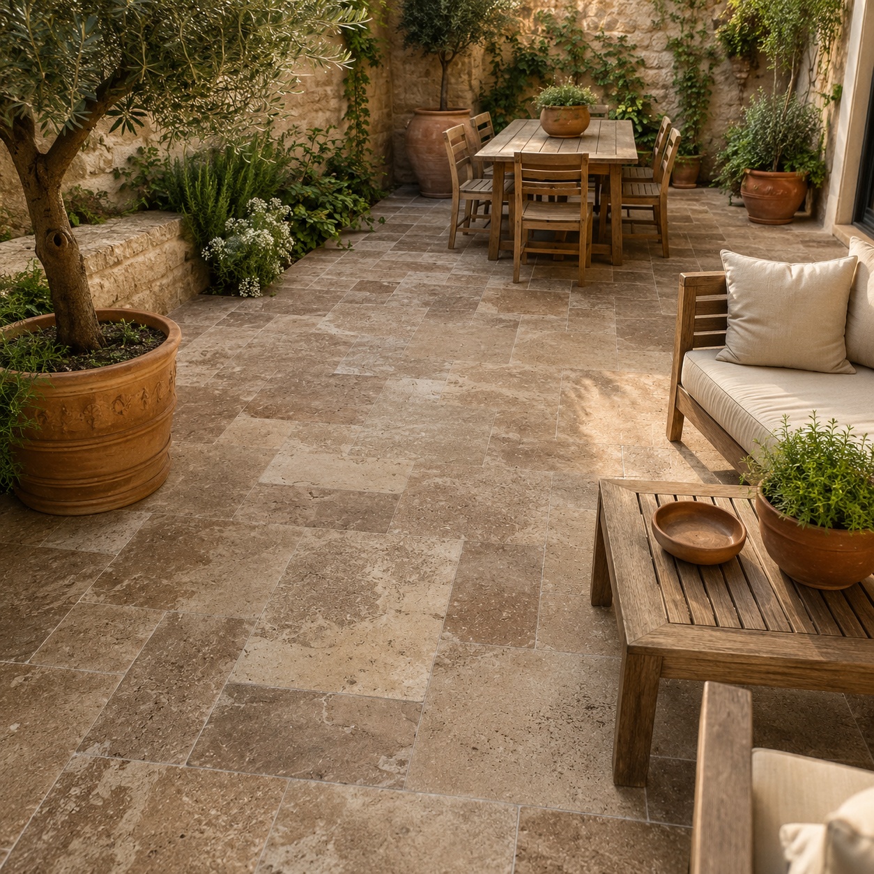 Travertin-Noce-Terrasse im Römischen Verband mit Holzmöbeln und mediterraner Bepflanzung