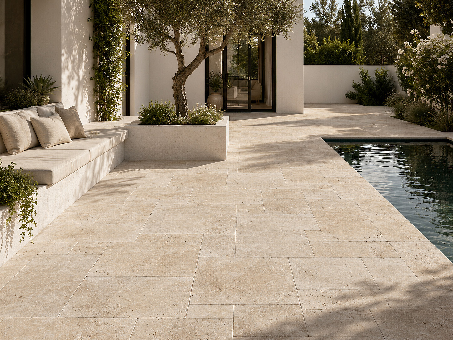 Travertin-Terrasse im Römischen Verband mit Pool und mediterraner Gartengestaltung