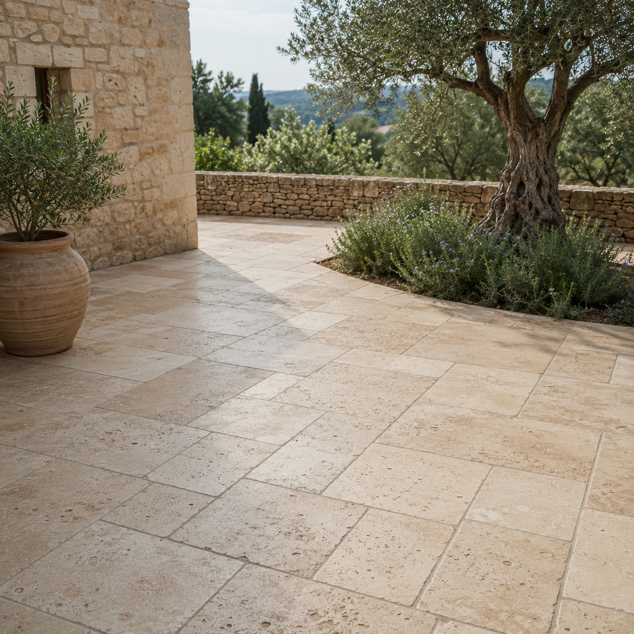 Helle Travertin-Terrasse im Römischen Verband mit Olivenbaum und Natursteinmauer