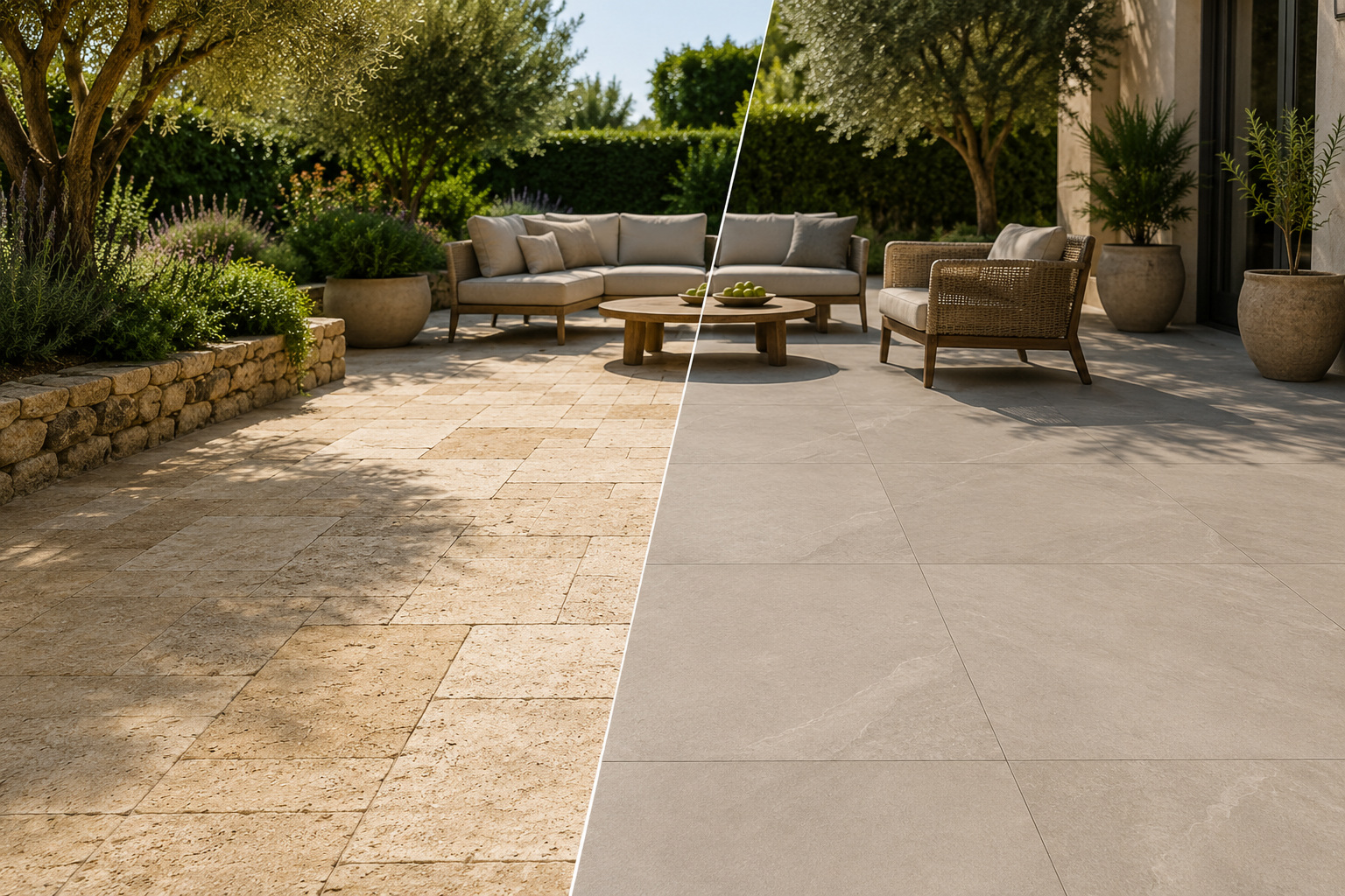 Vergleich von Travertin-Terrasse und Keramik-Terrassenplatten