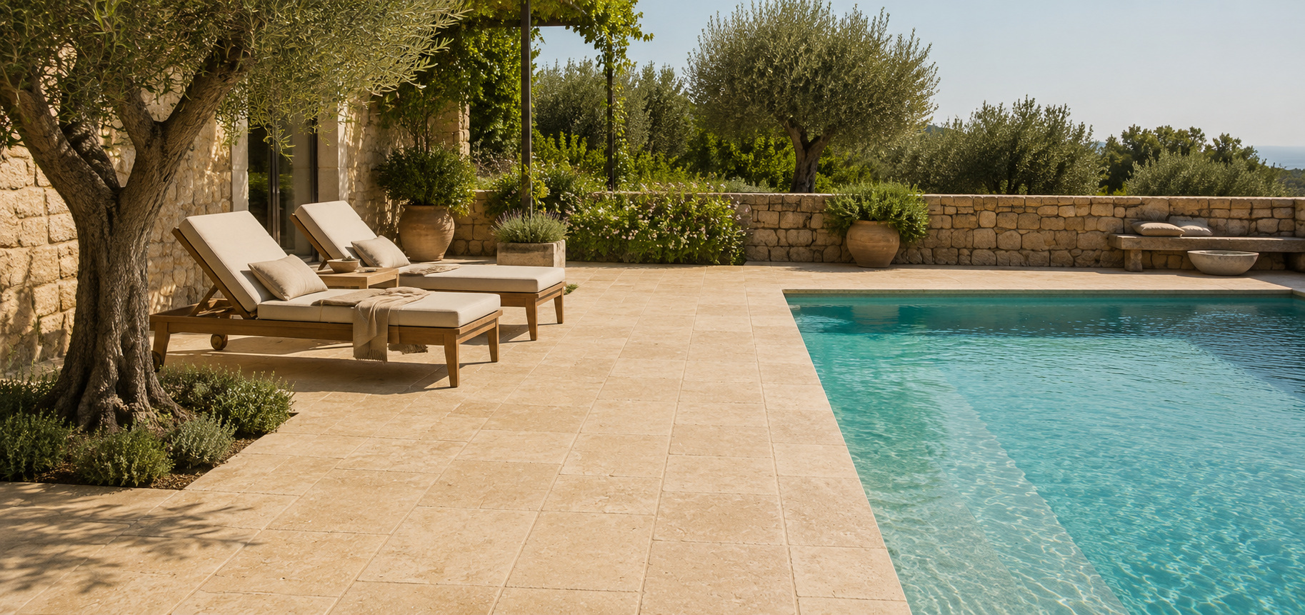 Travertin-Terrassenplatten im Poolbereich mit mediterraner Gestaltung