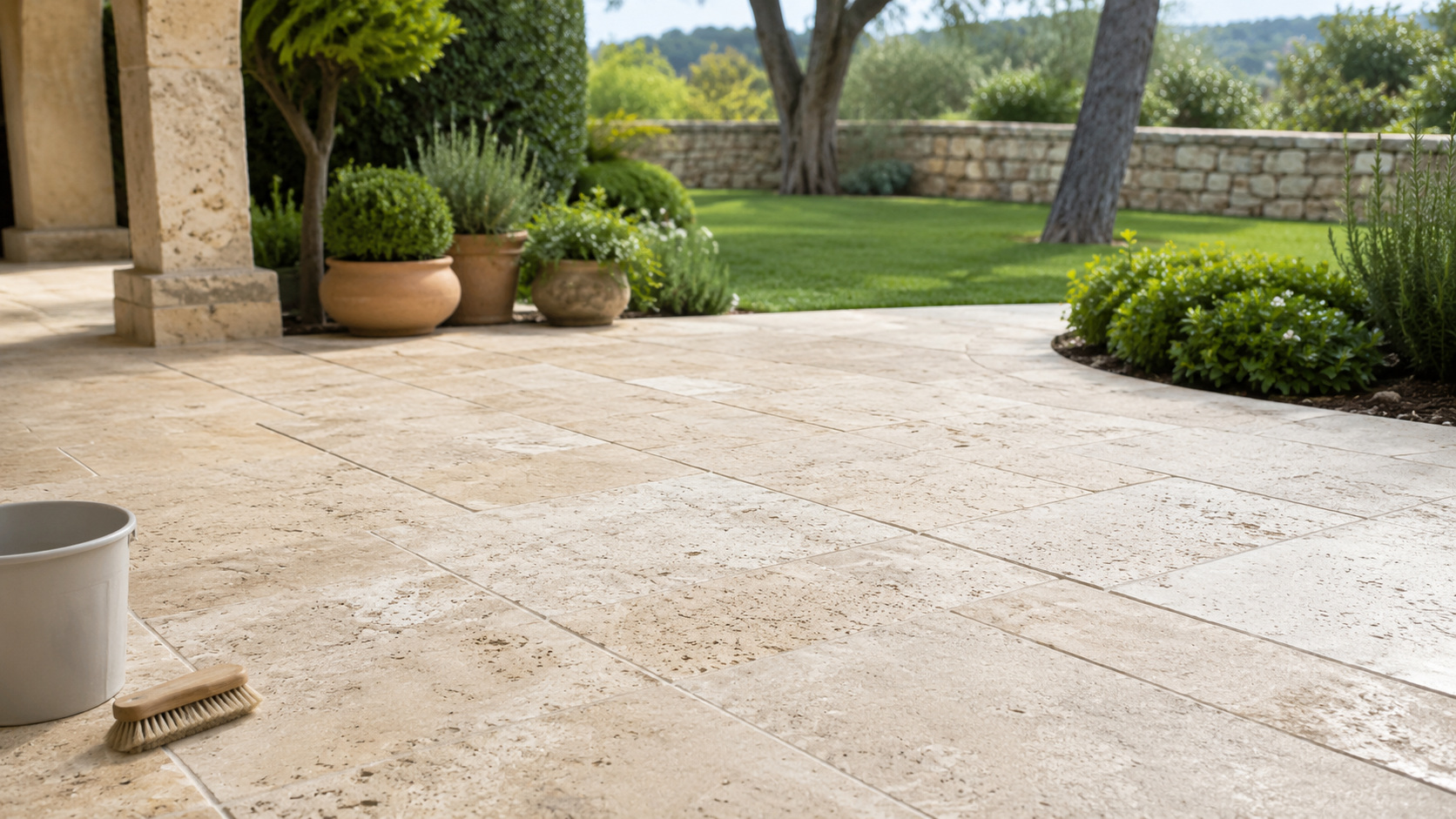 Travertin-Terrasse mit weicher Bürste schonend reinigen