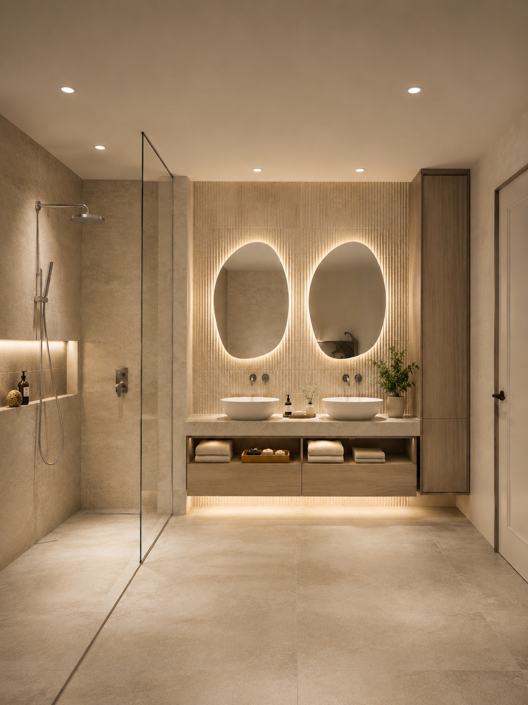Modernes Badezimmer mit Feinsteinzeug Keramikfliesen, Doppelwaschtisch und bodengleicher Dusche