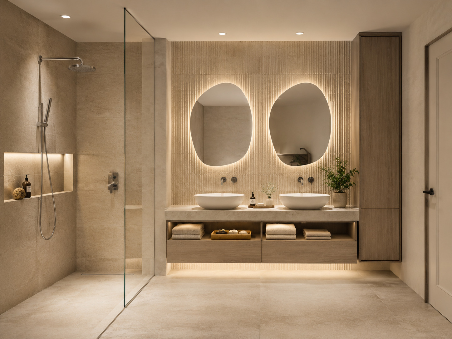 Modernes Badezimmer mit großformatigem Fliesenboden und Wandfliesen in heller Natursteinoptik