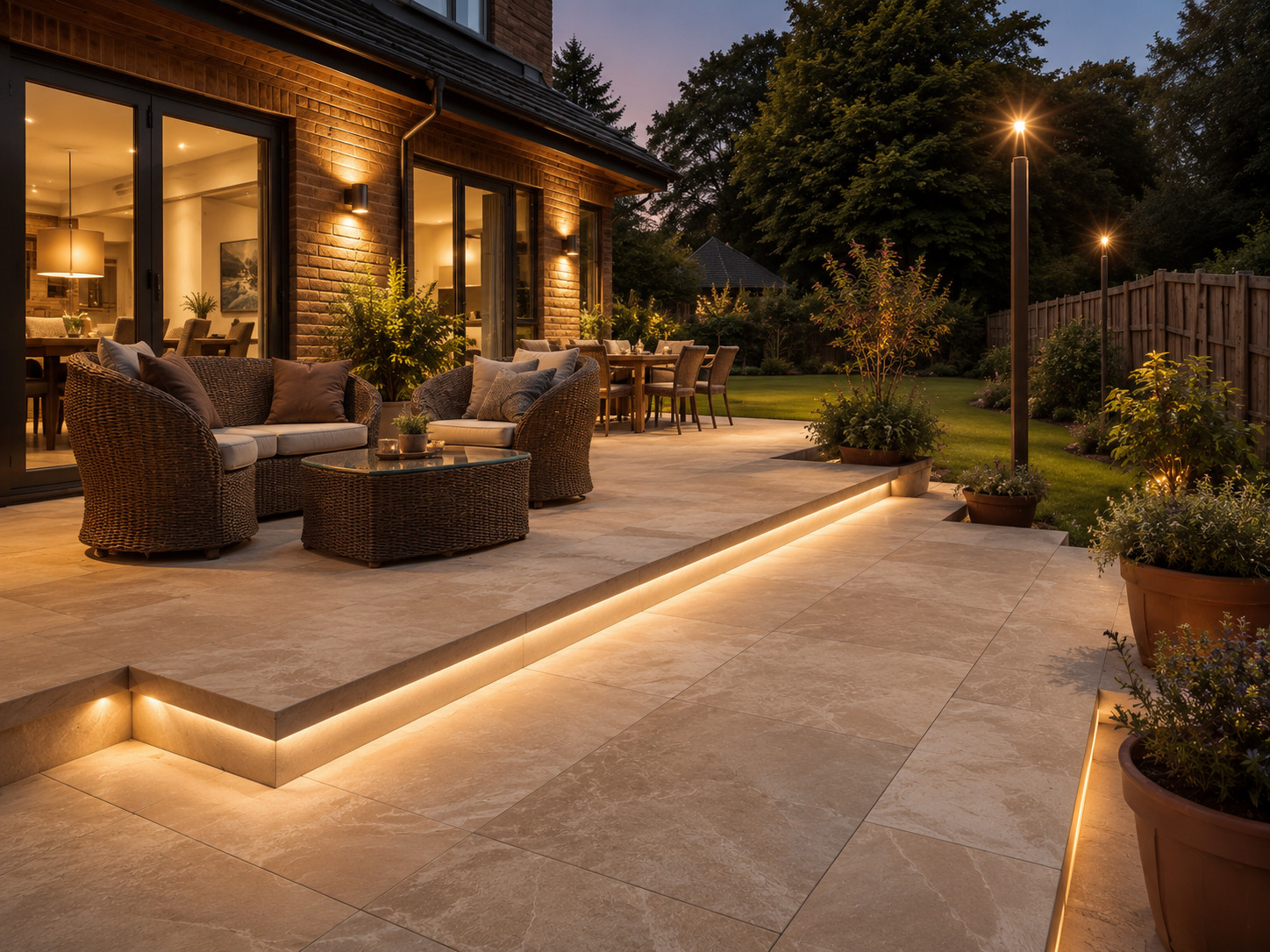 Moderne Abendterrasse mit Feinsteinzeug-Terrassenplatten, Stufenbeleuchtung und gemütlicher Lounge