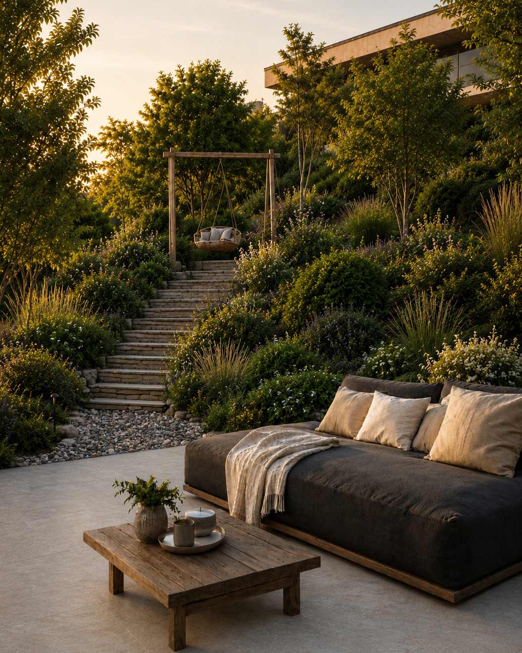 Moderne Abendterrasse mit Feinsteinzeug-Terrassenplatten, Stufenbeleuchtung und gemütlicher Lounge