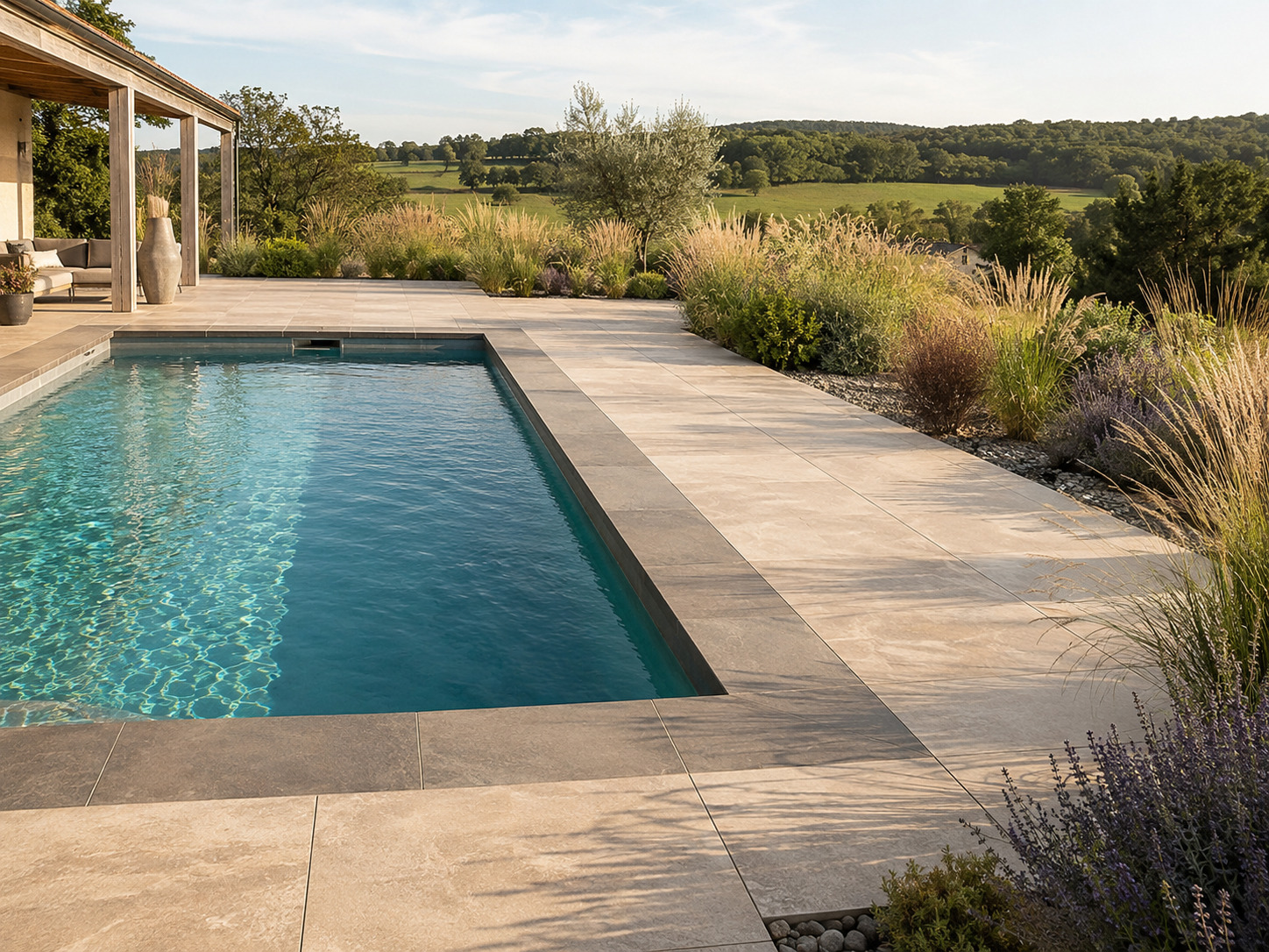 Poolterrasse mit Feinsteinzeug-Terrassenplatten, Natursteinoptik und weitem Landschaftsblick