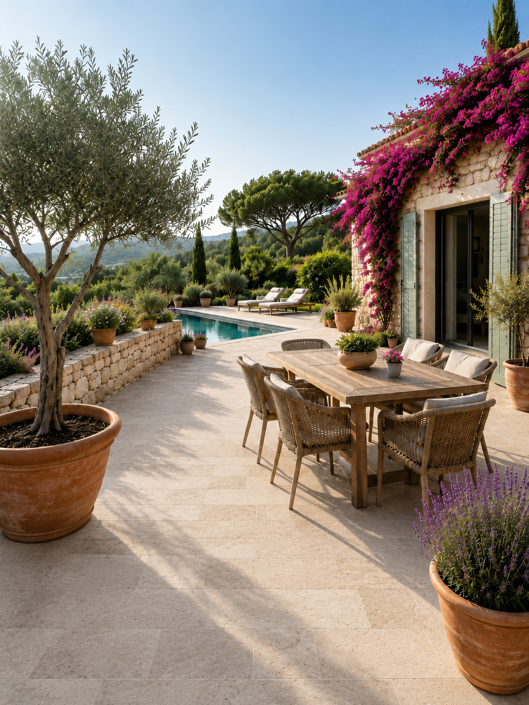 Mediterrane Terrasse mit hellen Natursteinplatten und Garten