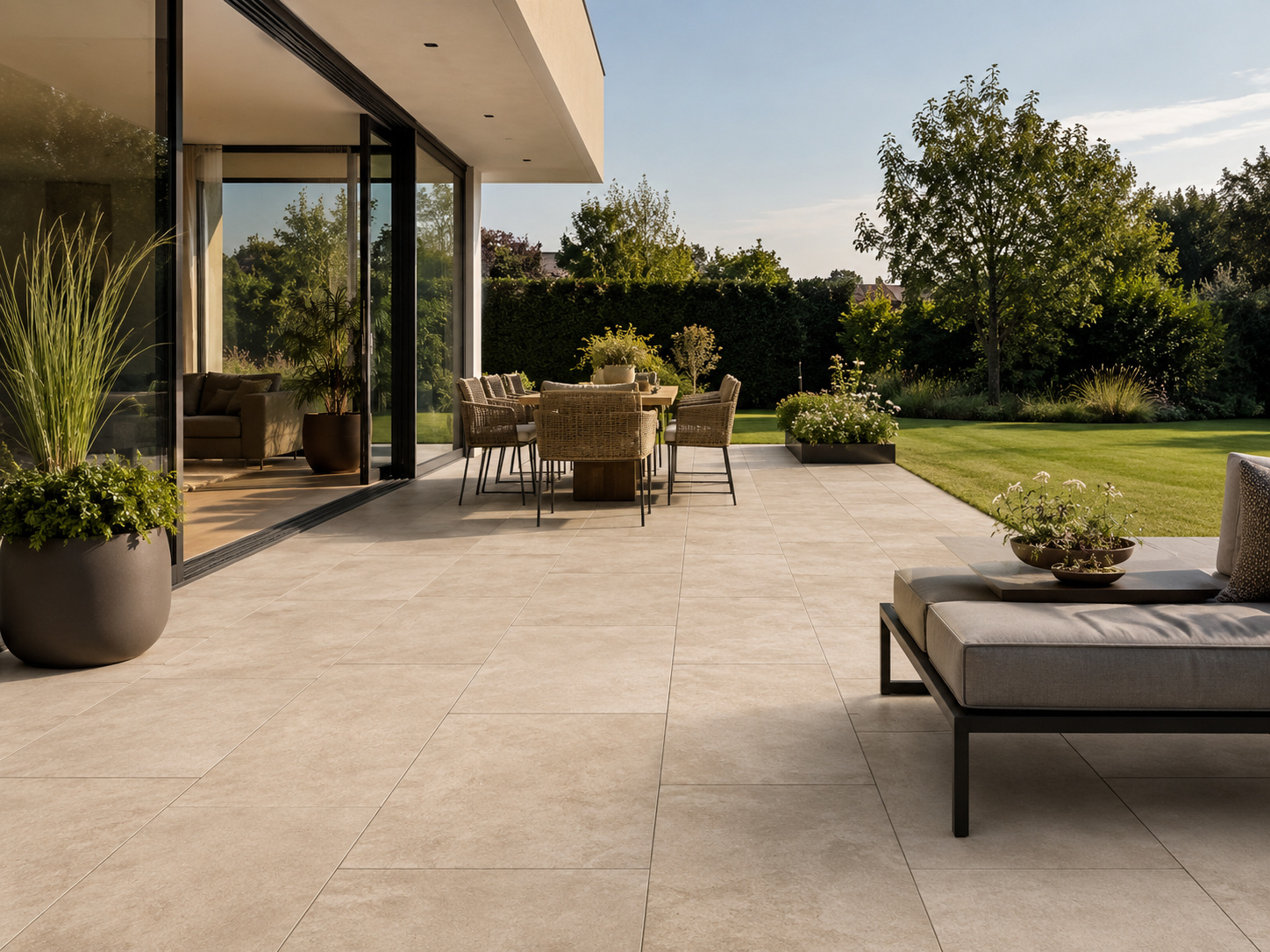 Moderne Terrasse mit Keramikfliesen und minimalistischer Lounge