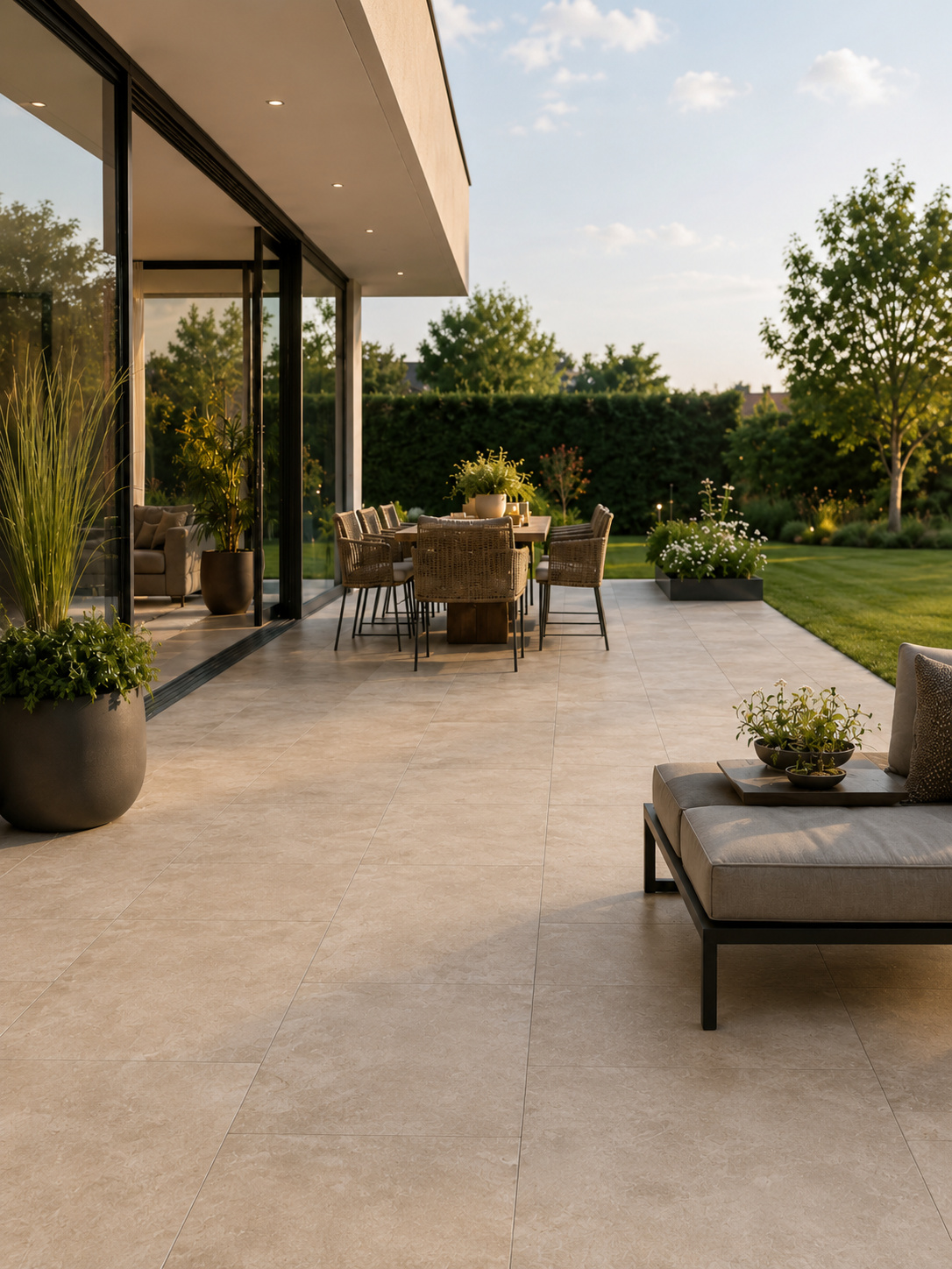 Moderne Terrasse mit Feinsteinzeugfliesen als Wohnbereich im Garten