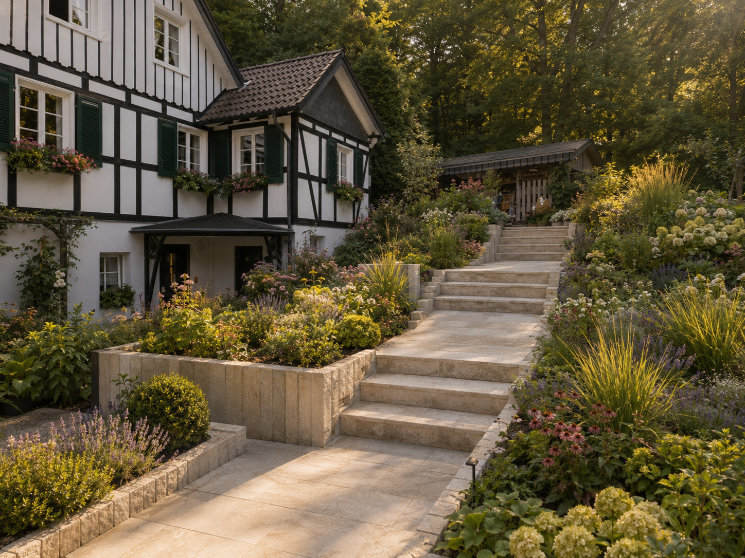Terrassierter Garten am Fachwerkhaus mit Natursteinfliesen, Terrassenplatten und Naturstein-Stufen