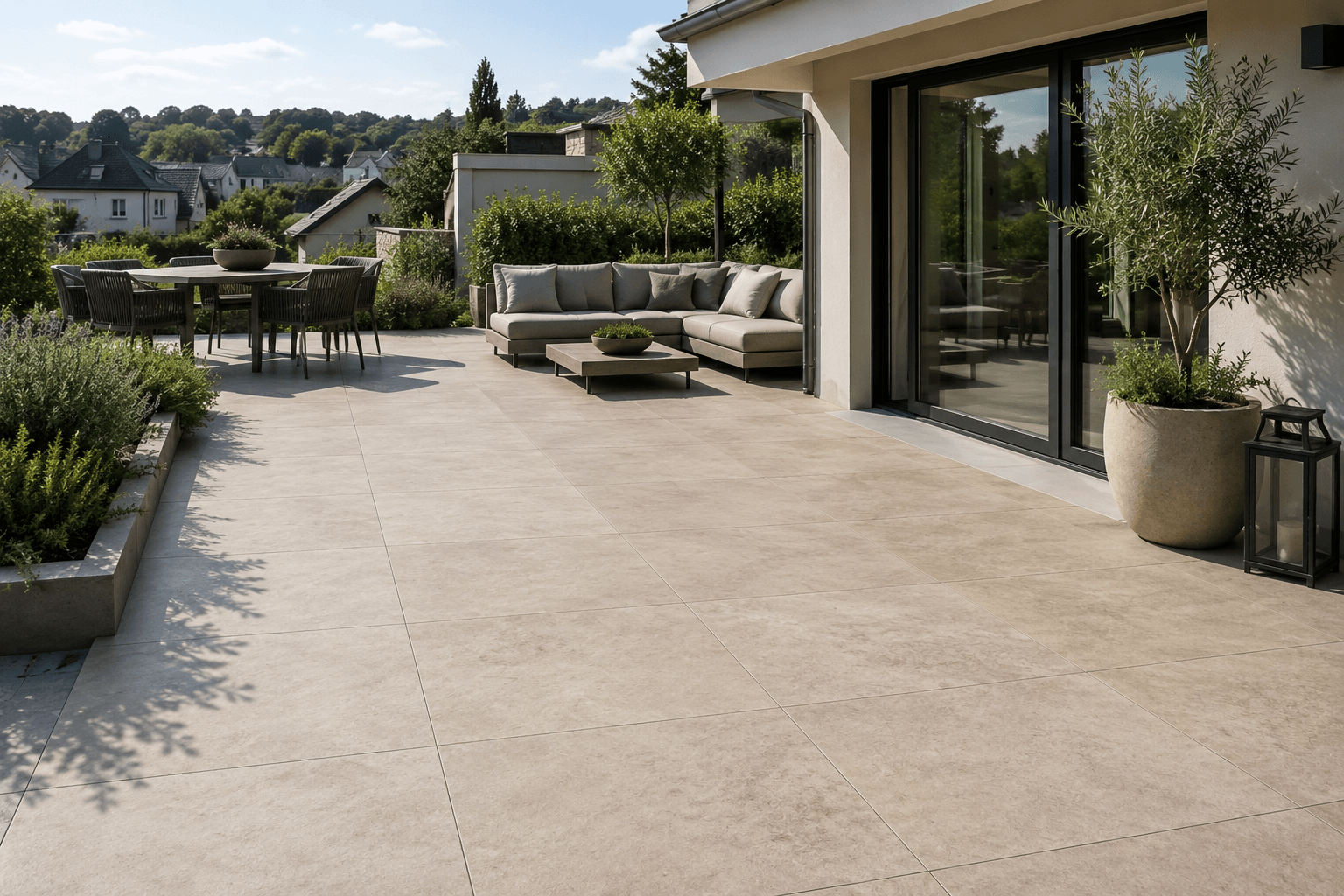 Modernisierte Terrasse mit hochwertigen Terrassenplatten und Gartenblick