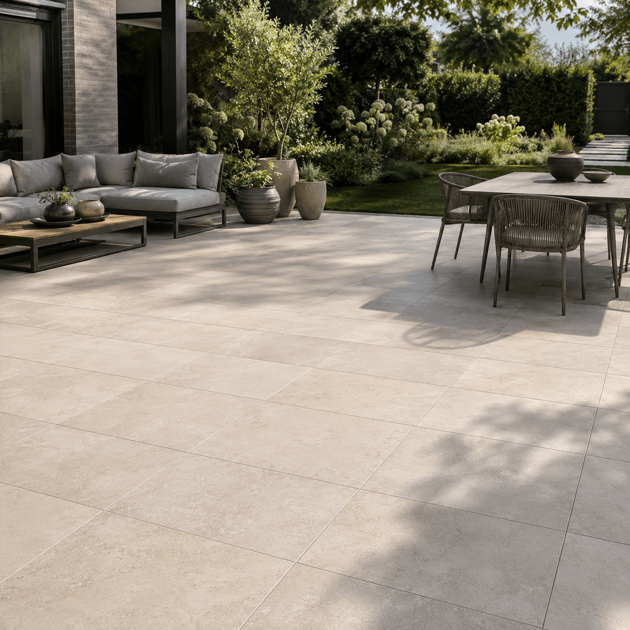Pflegeleichte moderne Terrassenplatten mit Gartenmöbeln