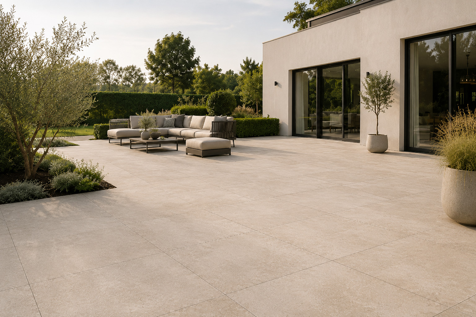Modernisierte Terrasse mit hochwertigen Terrassenplatten und Gartenblick
