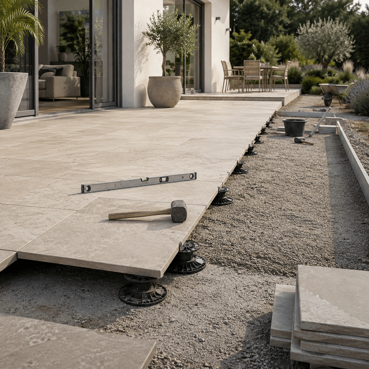 Terrassenplatten fachgerecht auf modernem Terrassenaufbau verlegen
