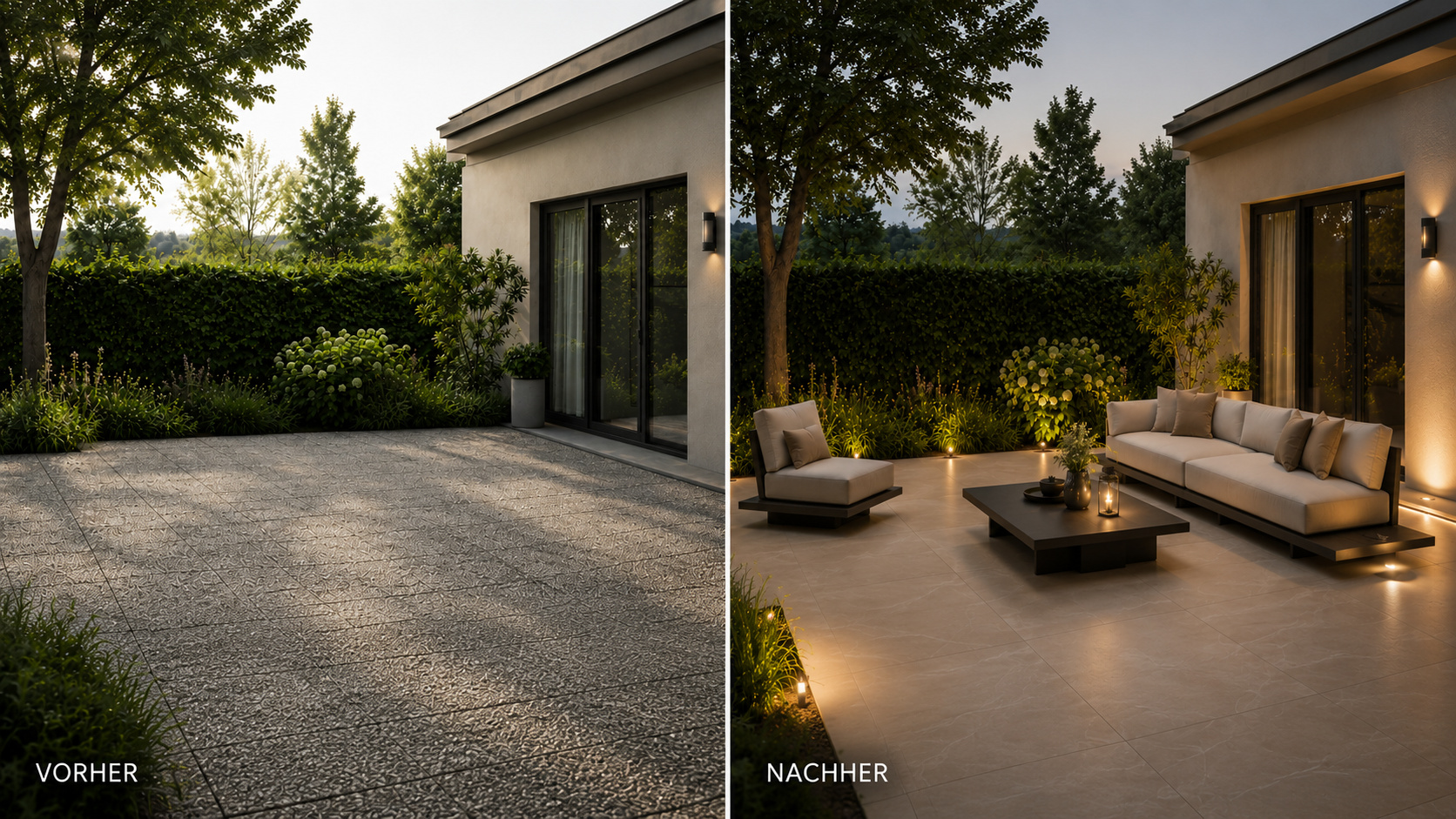 Vorher-Nachher Terrasse mit Waschbetonplatten und moderner Keramiklounge