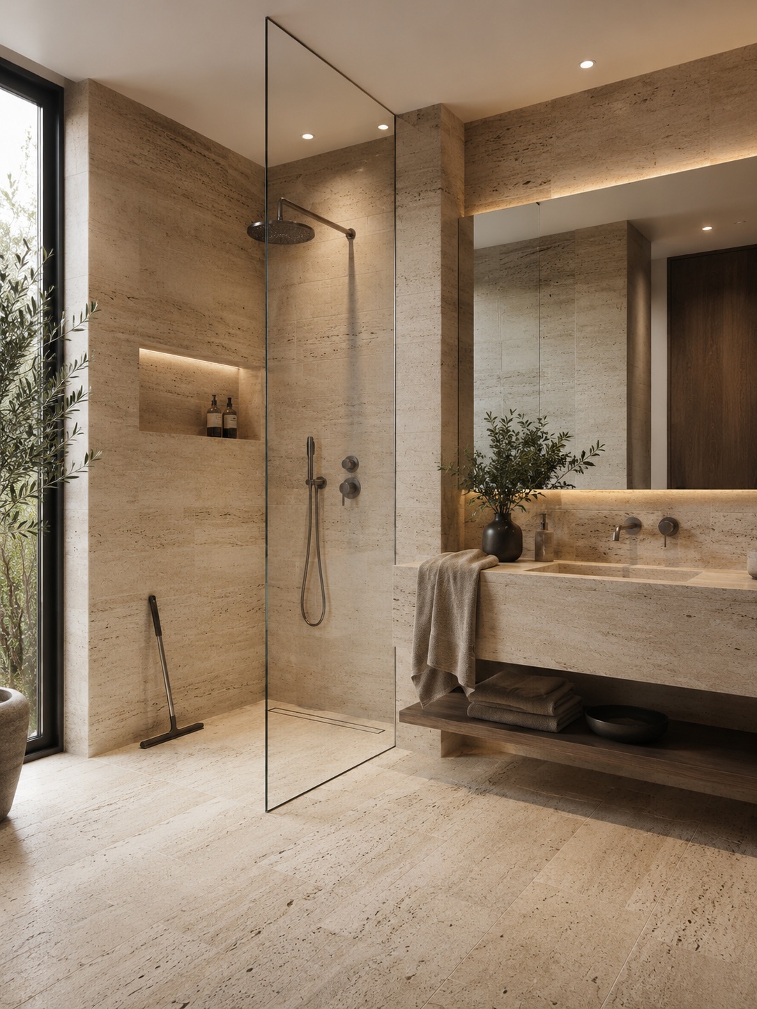 Modernes Badezimmer mit Travertin-Natursteinfliesen und bodengleicher Dusche