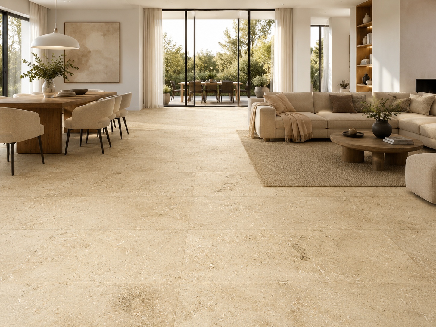 Helles Wohnzimmer mit Jura Natursteinfliesen in warmer beige-gelber Kalksteinoptik