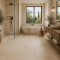 Preview: Travertin Light Fliesen getrommelt im Badezimmer mit natürlicher Steinoptik und Walk-in-Dusche