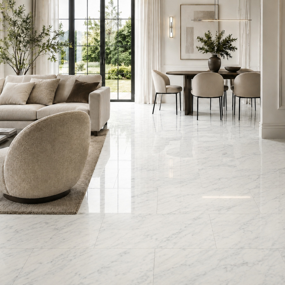 Heller Wohnbereich mit polierten Bianco Carrara Marmorfliesen und großem Gartenblick