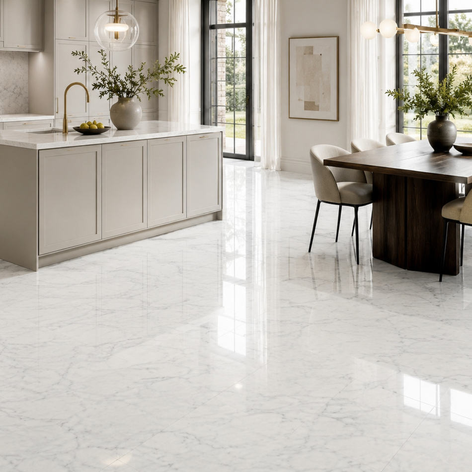 Elegante minimalistische Küche mit Essbereich und polierten Bianco Carrara Marmorfliesen