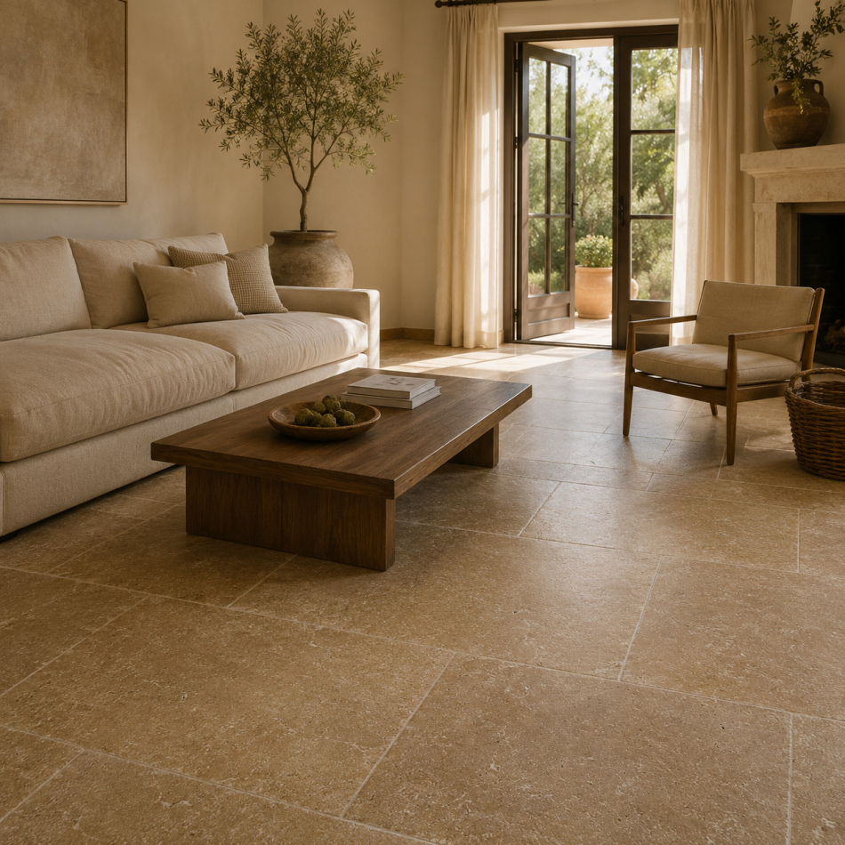 Travertin Noce Fliesen im Wohnzimmer im Format 61 x 40,6 cm mit warmer Natursteinoptik