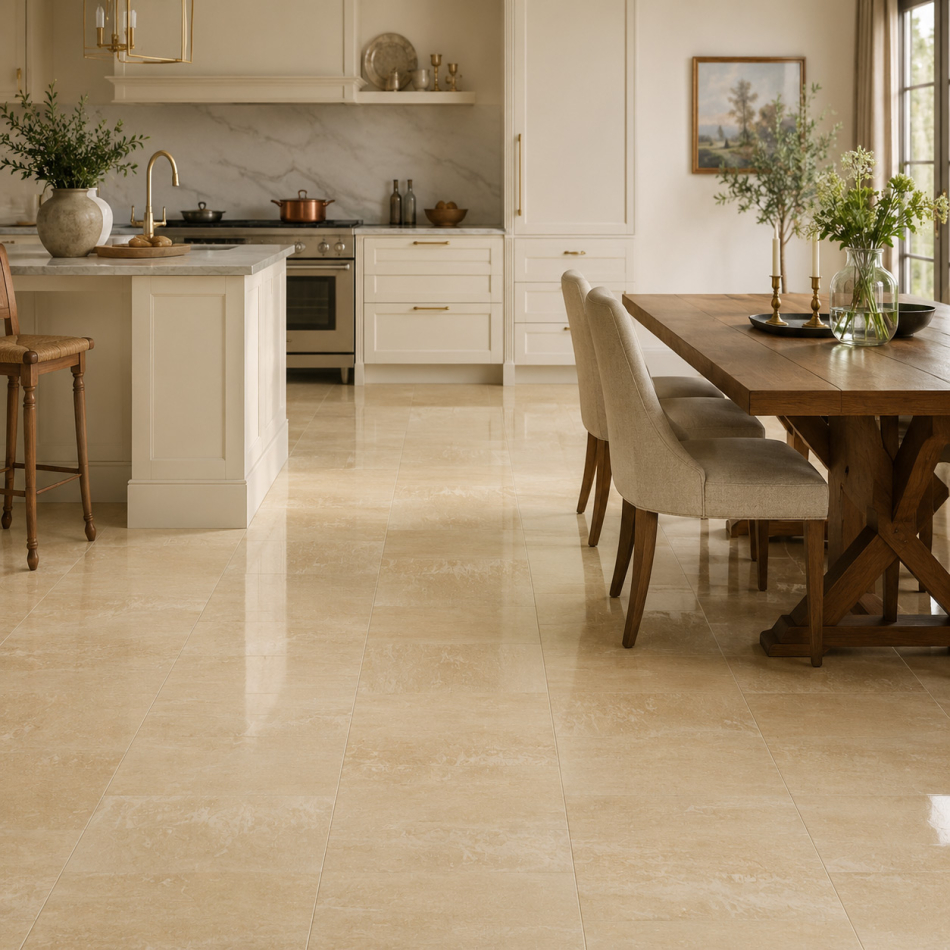 Travertin Romano Classico Fliesen in Küche und Essbereich mit klassischer mediterraner Raumwirkung