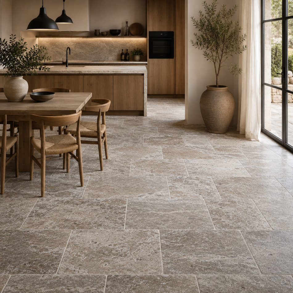 Travertin Silver Fliesen im Küchen- und Essbereich mit natürlicher Holzoptik und mediterraner Wohnatmosphäre