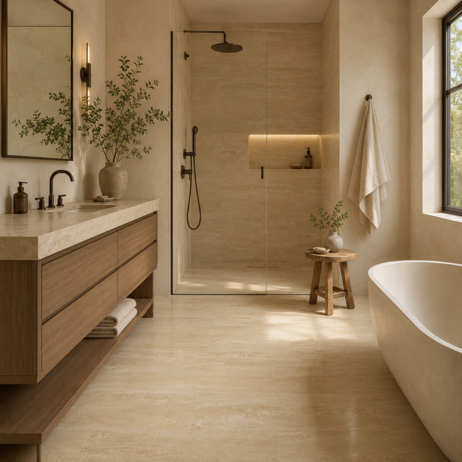 Travertin Romano Classico Fliesen im Badezimmer mit polierter Natursteinoberfläche
