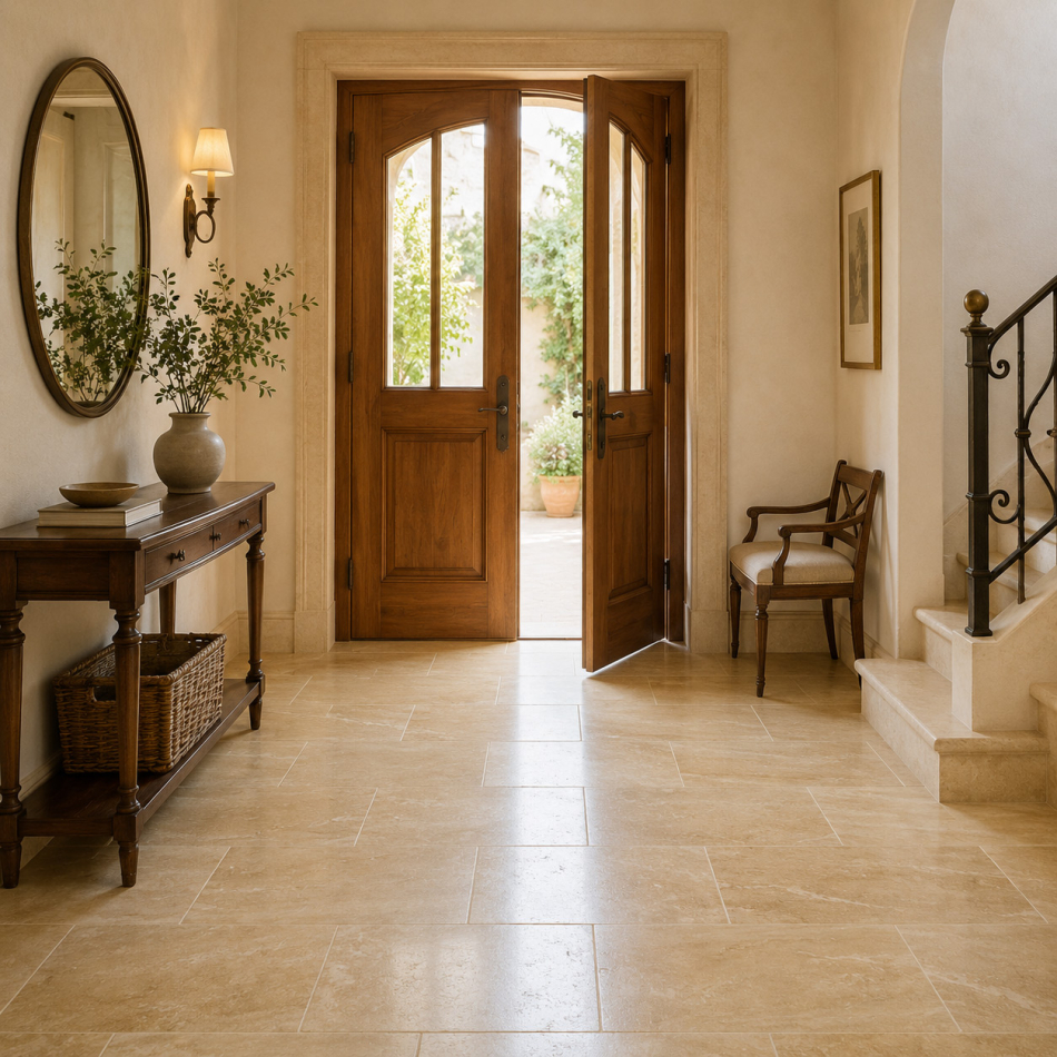 Travertin Romano Classico Fliesen in Foyer und Eingangsbereich mit repräsentativer Natursteinwirkung