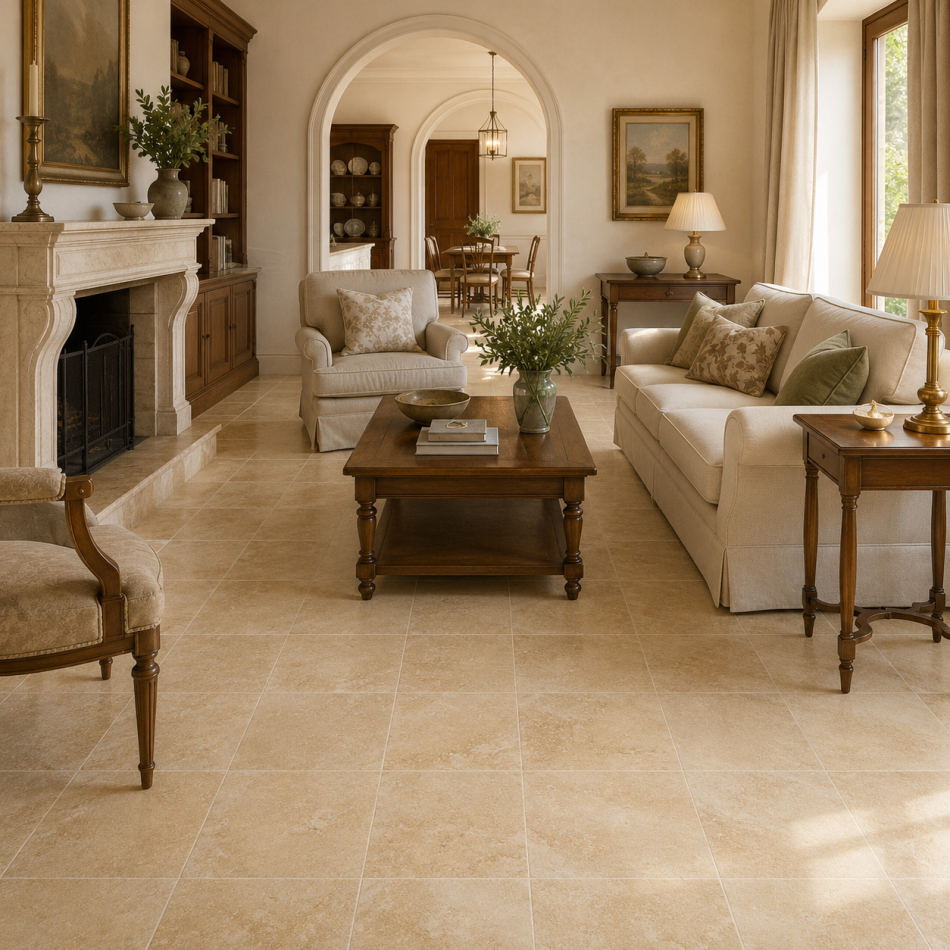 Travertin Romano Classico Fliesen in einem klassischen Wohnraum mit beige-gelber Steinstruktur