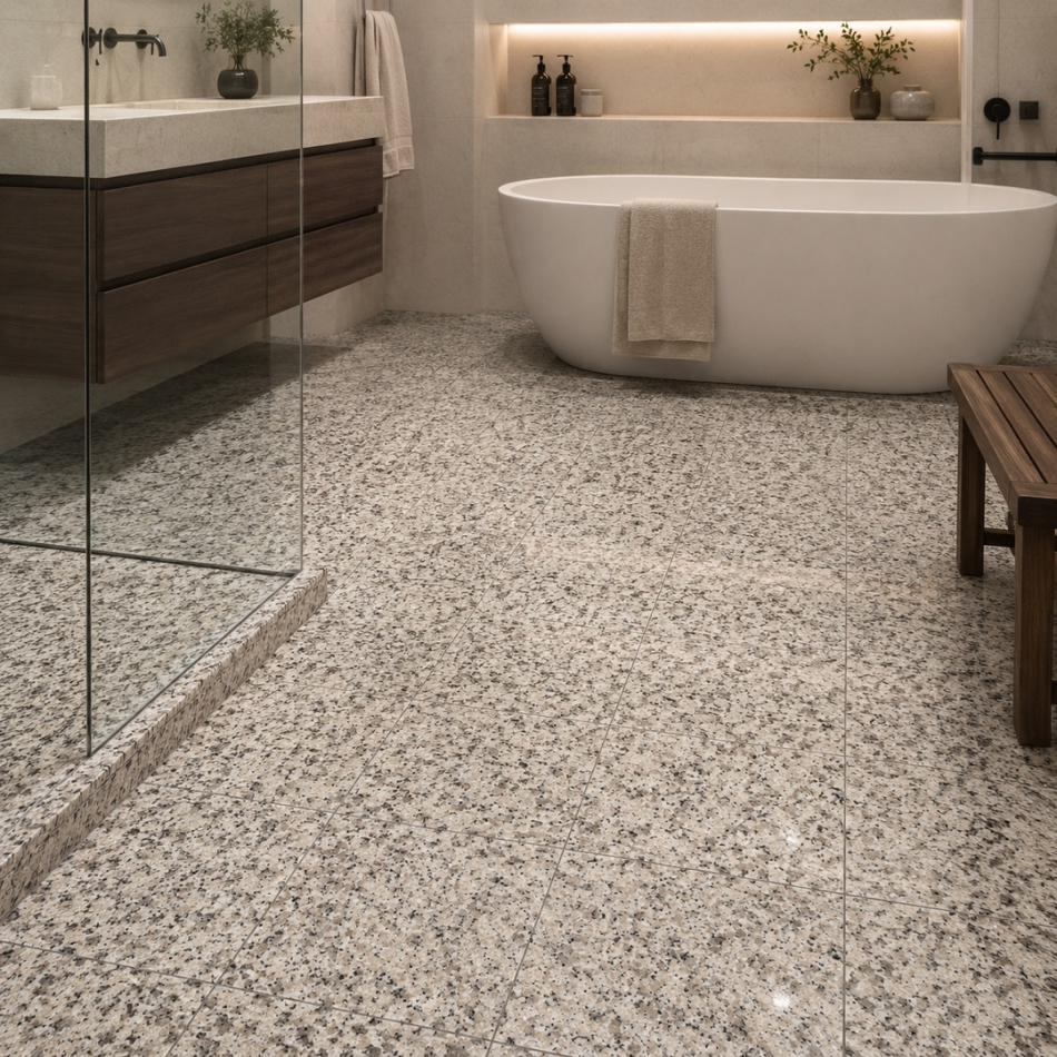 Preview: Heller Granitboden im modernen Badezimmer