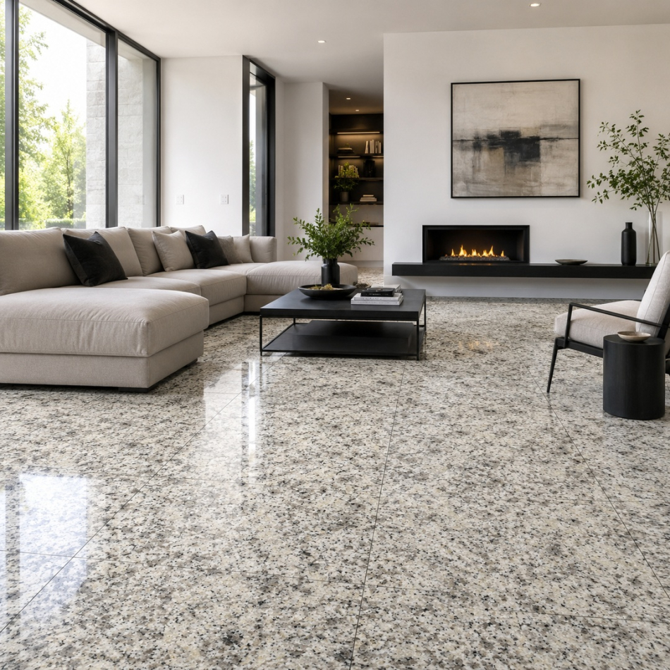 Preview: Moderne Wohnraumgestaltung mit hellen Granitfliesen