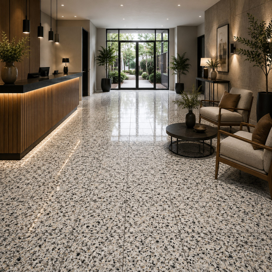 Bianco Sardo Granitfliesen in einem hochwertigen Objektbereich mit pflegeleichter Granitoberfläche