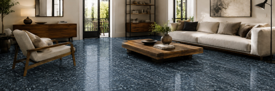 Blue Pearl Granitfliesen in moderner Raumgestaltung mit hellen und dunklen Akzenten