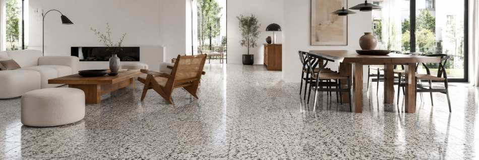 Bianco Sardo Granitfliesen in moderner heller Raumgestaltung