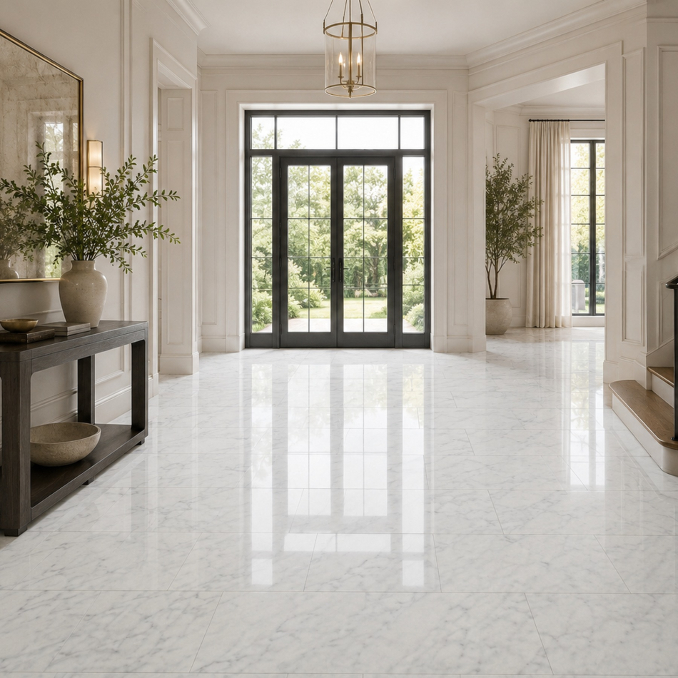 leganter Foyer- und Eingangsbereich mit polierten Bianco Carrara Marmorfliesen und viel Naturlicht
