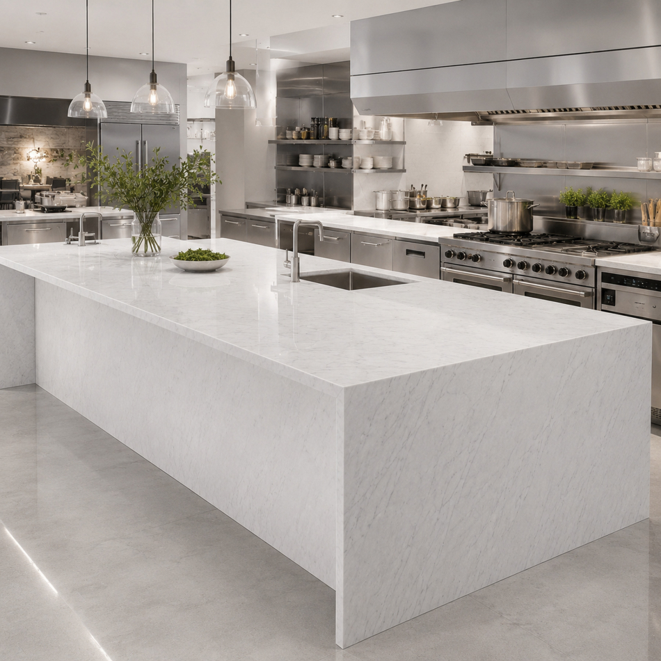 Professionelle Küche mit Bianco Carrara Marmor als Arbeitsplatte auf großzügiger Kücheninsel im B2B-Bereich