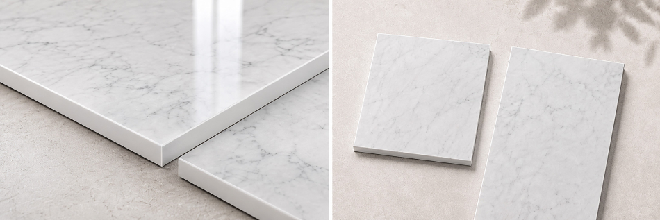Bianco Carrara C Marmorfliesen mit polierter Oberfläche, gefasten Kanten und zwei Formaten