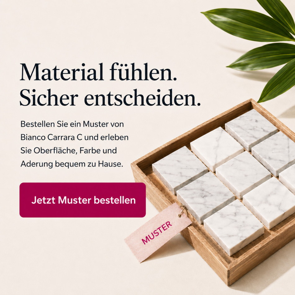 Bianco Carrara C Marmorfliesen als Muster bestellen – polierter italienischer Marmor mit natürlicher grauer Aderung
