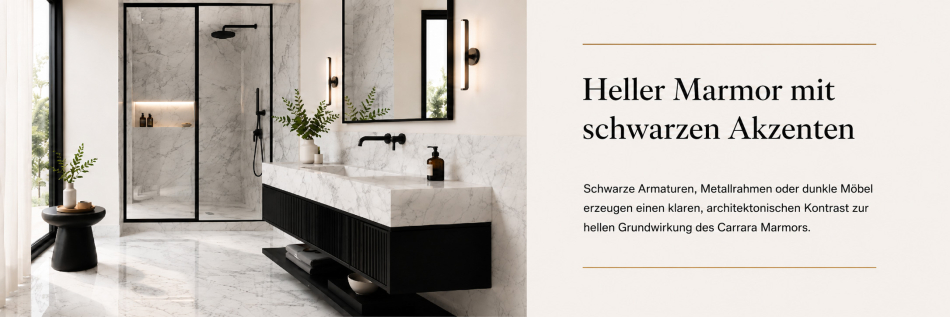 Bianco Carrara C Marmorfliesen mit schwarzen Armaturen und dunklen Akzenten