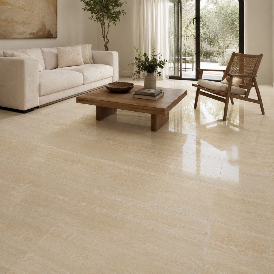 Travertin Romano Classico Fliesen im Wohnzimmer mit warmer italienischer Natursteinoptik