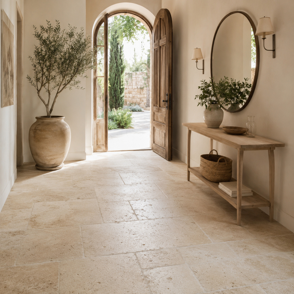 Travertin Light Fliesen im Foyer und Eingangsbereich mit heller mediterraner Wohnatmosphäre
