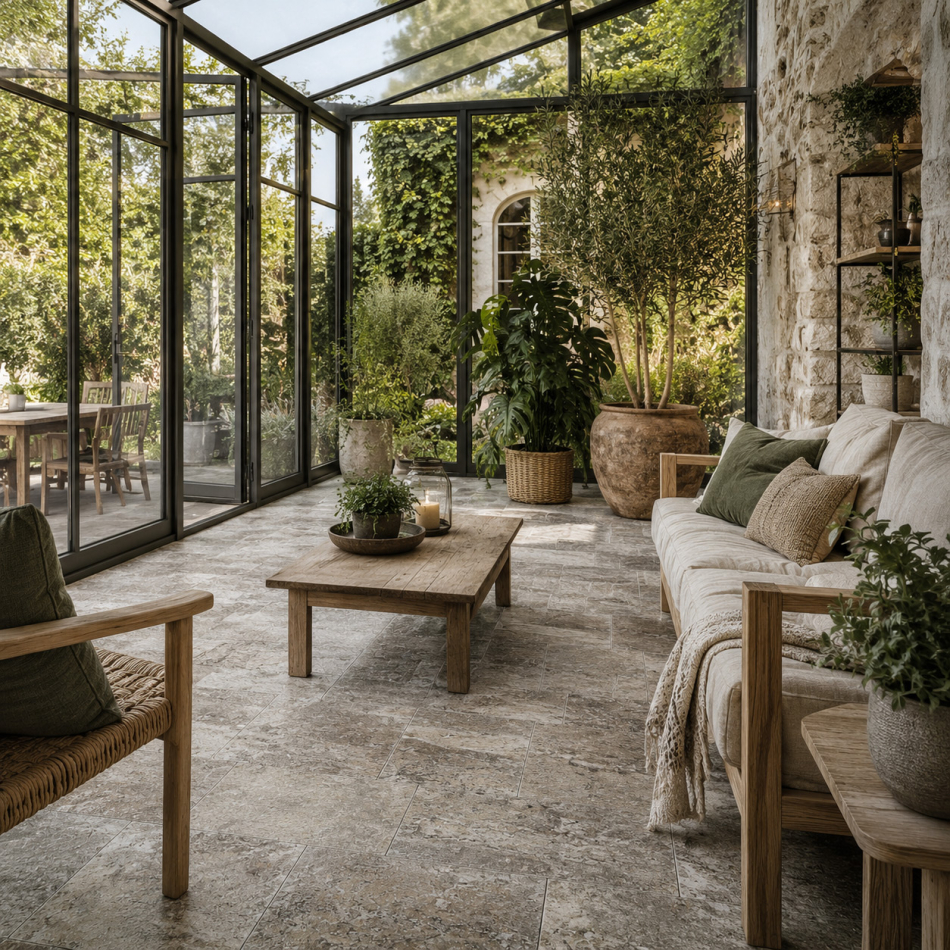 Travertin Silver Fliesen in einem hellen Wintergarten mit Pflanzen, Glasfronten und mediterraner Wohnatmosphäre
