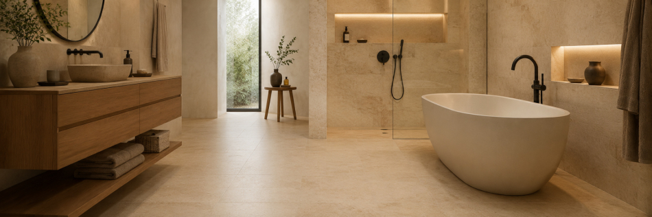 Travertin Classic Light gespachtelt und geschliffen in einem hellen Badezimmer