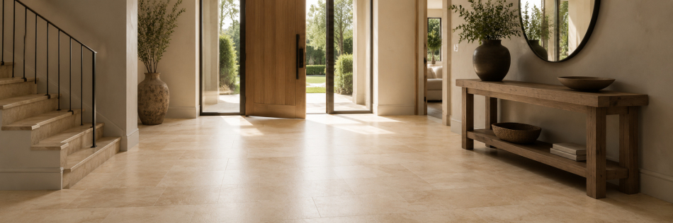 Travertin Classic Light gespachtelt und geschliffen in Flur und Eingangsbereich