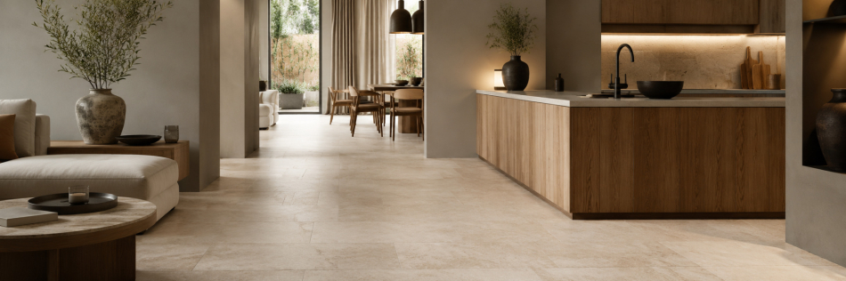 Travertin Classic Light gespachtelt und geschliffen kombiniert mit Holz