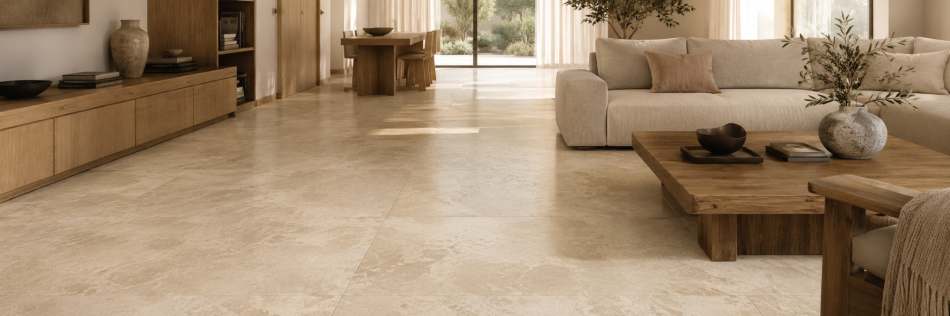 Travertin Classic Light gespachtelt und geschliffen in moderner warmer Raumgestaltung