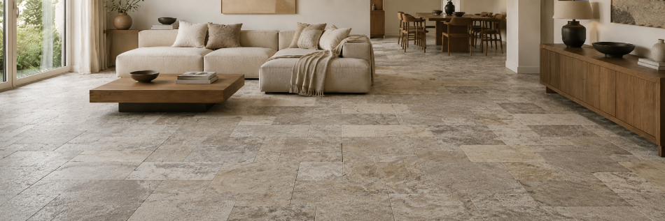 Travertin Silver Fliesen modern mit Holz, Glas und schwarzen Akzenten kombiniert